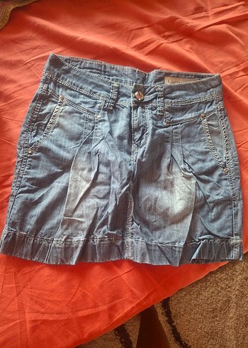 Piliseli Mavi Denim Mini Etek