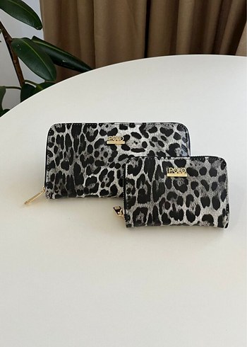 Gri Leopar Desenli Fermuarlı Kadın Cüzdan