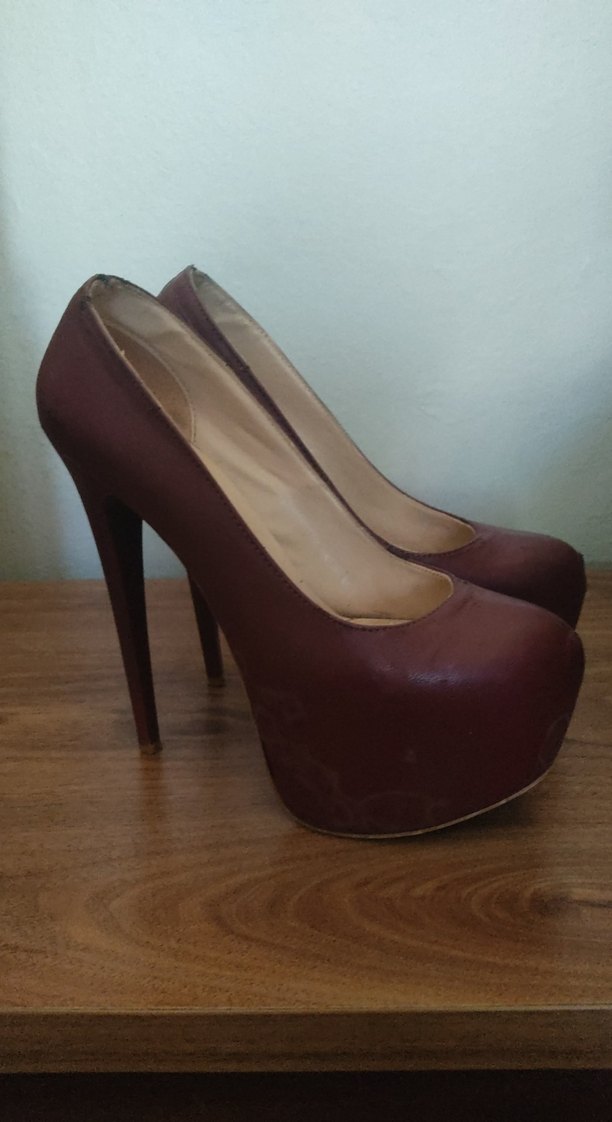 El Yapımı Kahverengi Deri Platform Topuklu Stiletto - Görsel 4