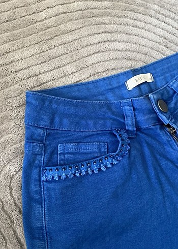 Nakışlı Mavi Bohem Kadın Mini Kot Şort - Görsel 3