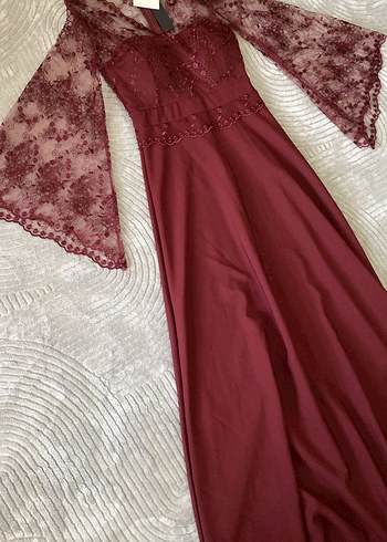 Bordo Dantelli Uzun Kollu Abiye Elbise - Görsel 6