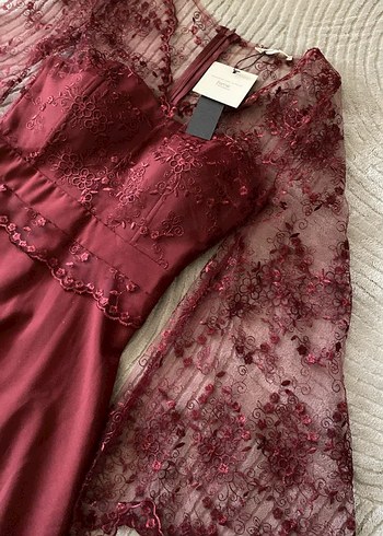 Bordo Dantelli Uzun Kollu Abiye Elbise - Görsel 3