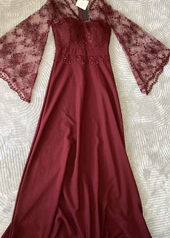 Bordo Dantelli Uzun Kollu Abiye Elbise - Görsel 5