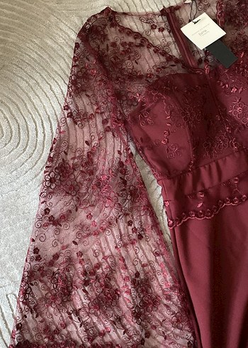 Bordo Dantelli Uzun Kollu Abiye Elbise - Görsel 2