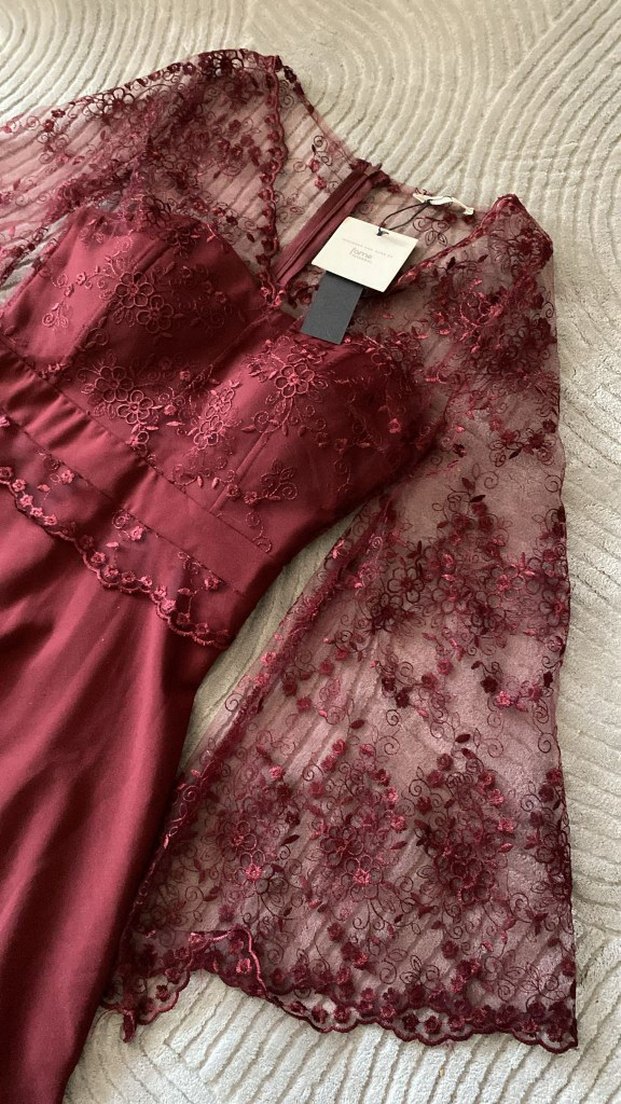 Bordo Dantelli Uzun Kollu Abiye Elbise - Görsel 3