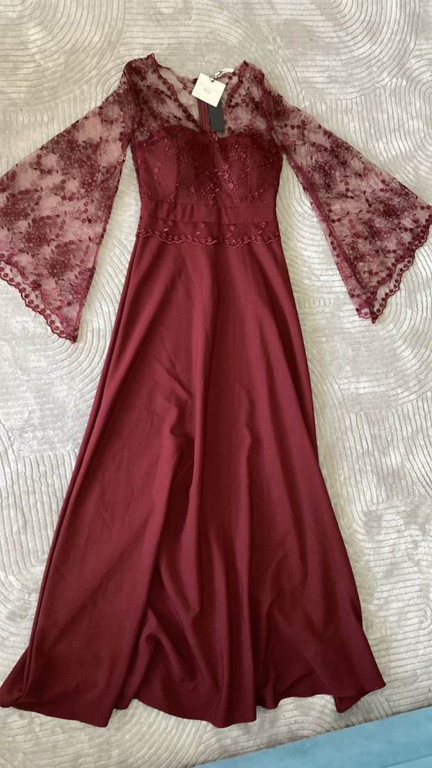 Bordo Dantelli Uzun Kollu Abiye Elbise - Görsel 5