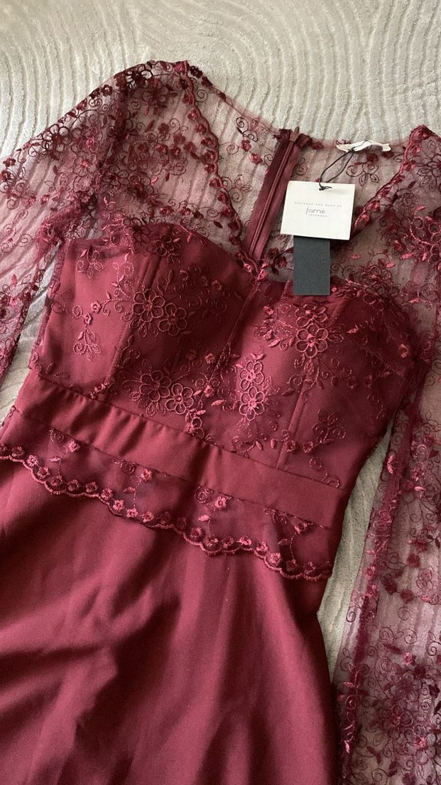 Bordo Dantelli Uzun Kollu Abiye Elbise - Görsel 4