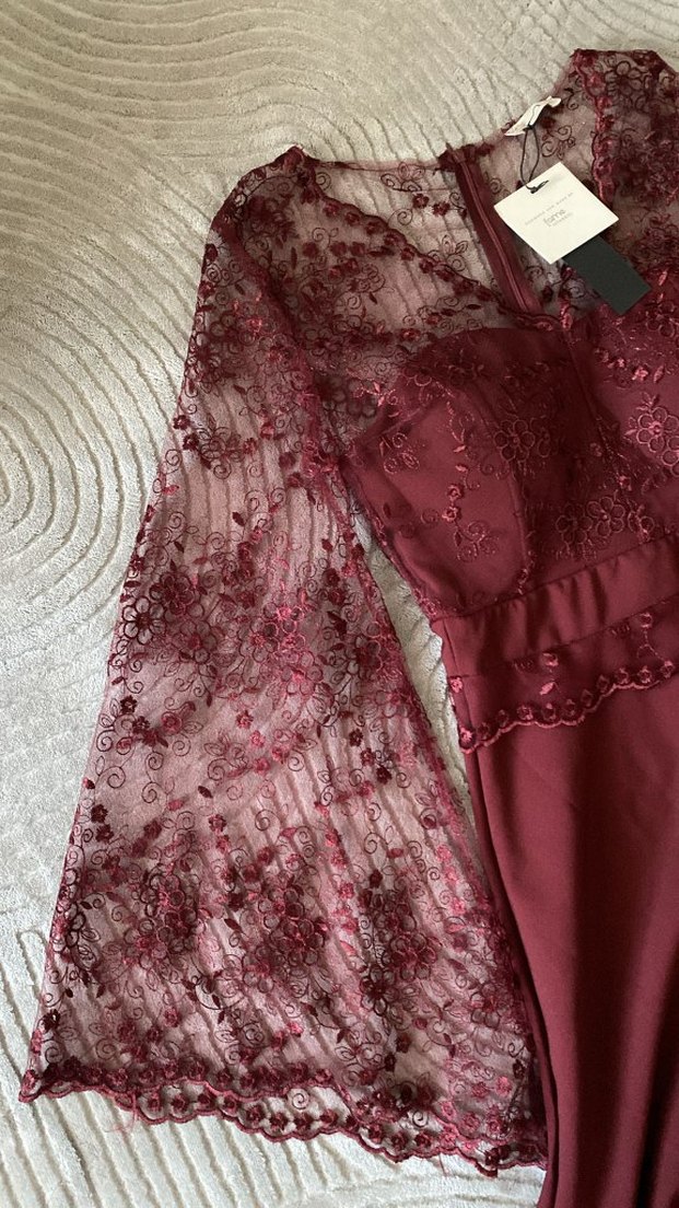 Bordo Dantelli Uzun Kollu Abiye Elbise - Görsel 2