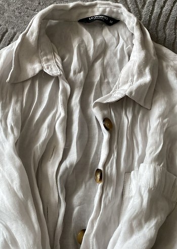 Düğmeli Beyaz Keten Kadın Gömlek - Görsel 3