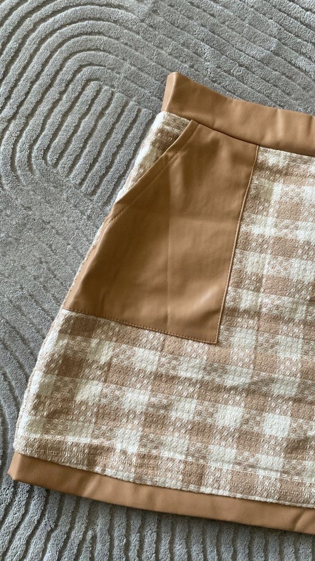 Kemerli Bej Ekose Mini Etek - Görsel 2