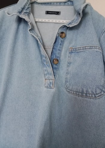 40 Beden mavi Renk Düğmeli Cep Detaylı Mavi Denim Elbise