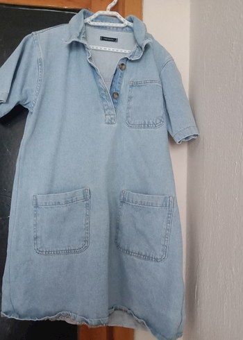40 Beden Düğmeli Cep Detaylı Mavi Denim Elbise