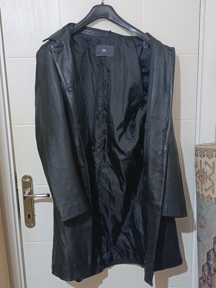 Erkek Siyah Uzun Deri Ceket/Trençkot - Görsel 3