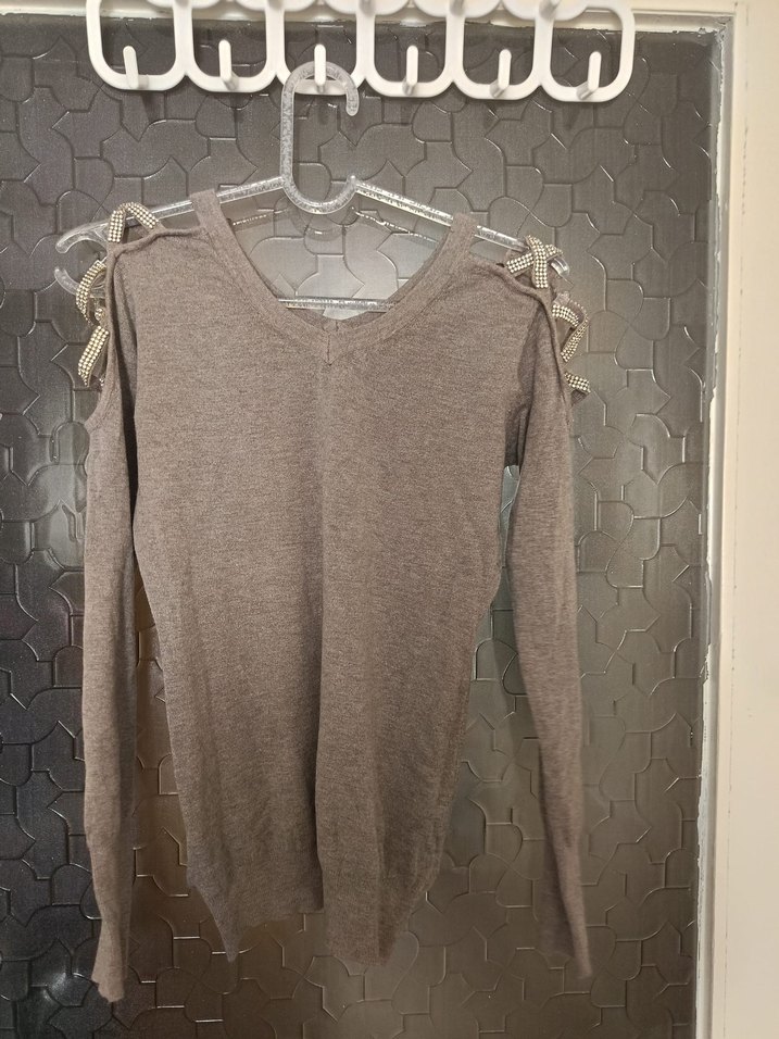 Bej V Yaka Uzun Kollu Triko Kazak - Görsel 4