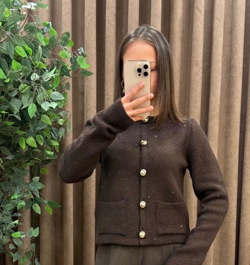 Düğmeli Kahverengi Kadın Hırka - Görsel 2