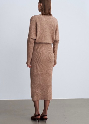 Bej Uzun Kollu Triko Kadın Elbise - Görsel 2