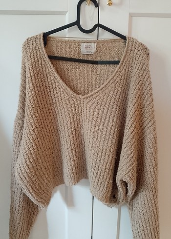Pull and Bear Bej V Yaka Örgü Kadın Kazak