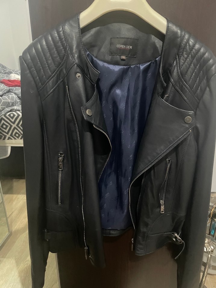 Kadın  lacivert gerçek Deri Biker Ceket - Görsel 2