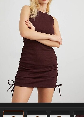 Bordo fitilli yandan büzgülü mini elbise