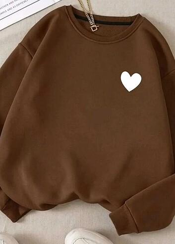 Kahverengi kalp baskılı oversize sweatshirt