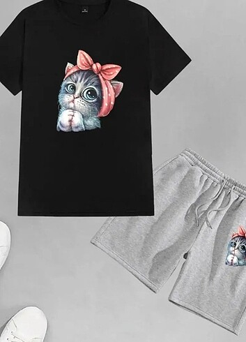 Şort tshirt sevimli kedi baskılı takım 