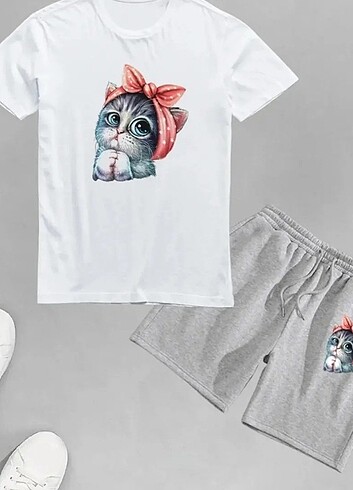 m Beden Şort tshirt sevimli kedi baskılı takım