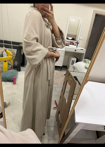 Bej Uzun Kollu Kuşaklı Kadın Elbise - Görsel 2