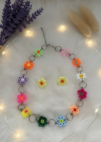 Çiçek Desenli Renkli Hama Boncuklu Bohem Kolye/Küpe Seti - Görsel 2
