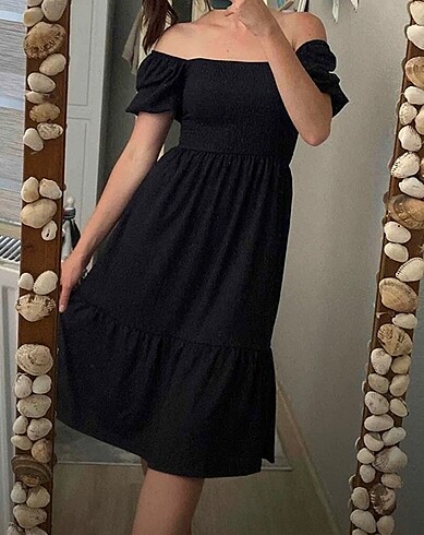 Zara Lacivert bürümcük kumaş günlük kare yaka elbise balon kol