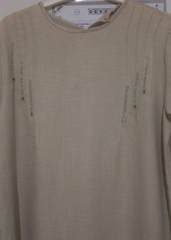 Bej Uzun Kollu Salaş Keten Tunik - Görsel 2