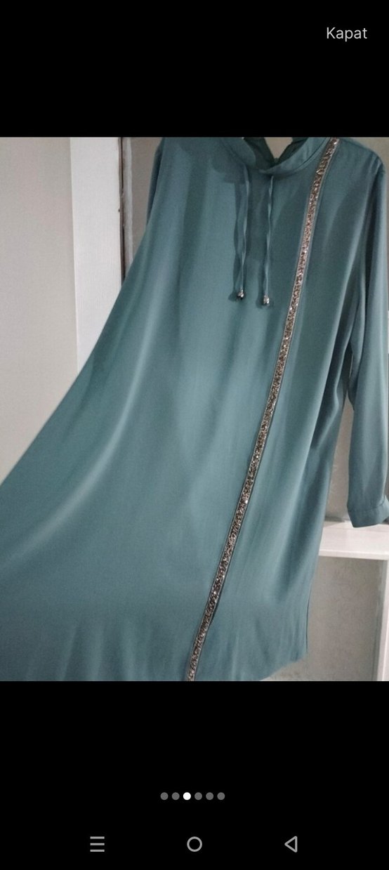 Uzun Turkuaz Salaş Nakışlı Tunik - Görsel 3