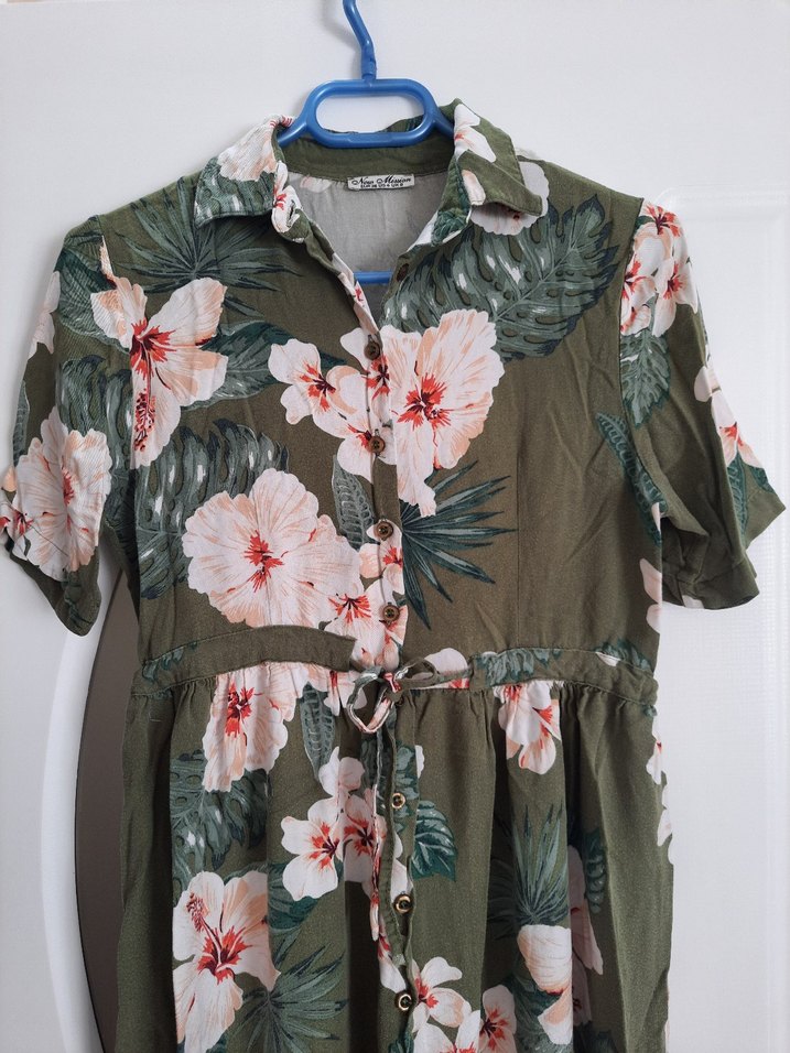 Çiçek Desenli Haki Uzun Bohem Elbise - Görsel 2