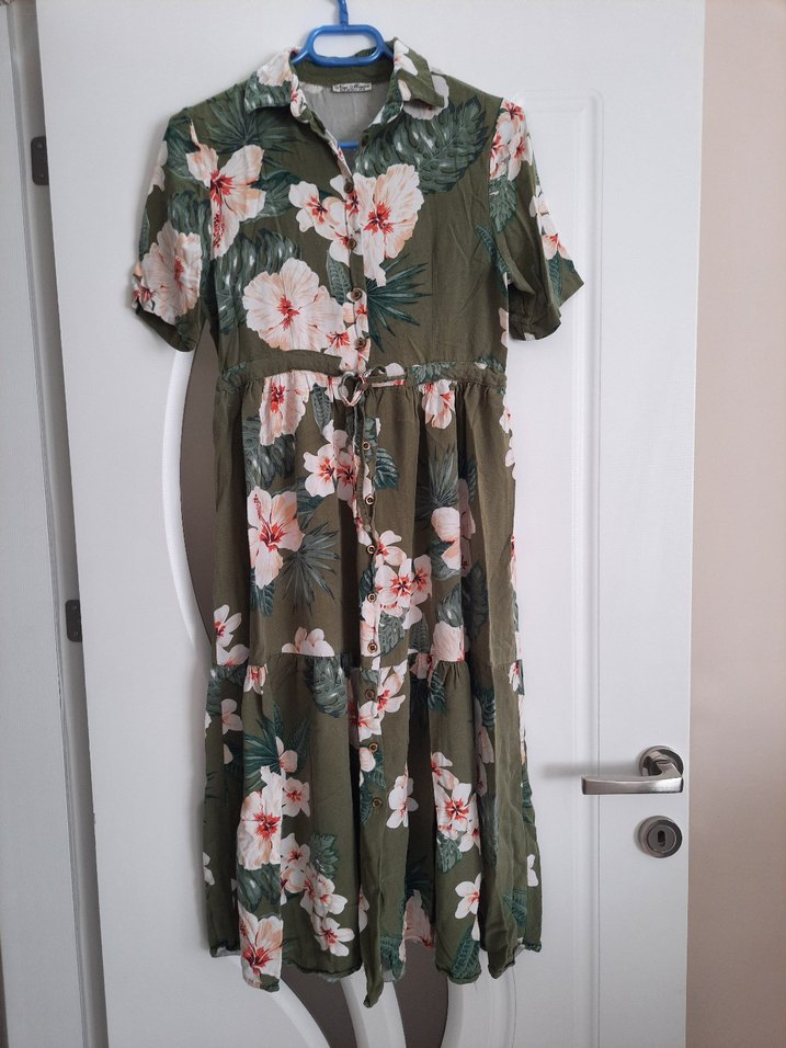 Çiçek Desenli Haki Uzun Bohem Elbise - Görsel 4