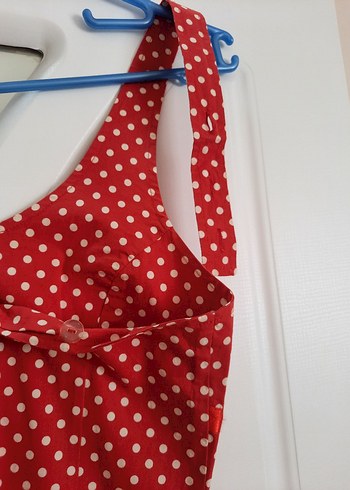 Kırmızı Puantiyeli V Yaka Midi Elbise - Görsel 6