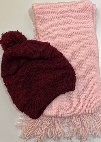 Bordo Bere ve Pembe Örgü Atkı Seti - Görsel 3