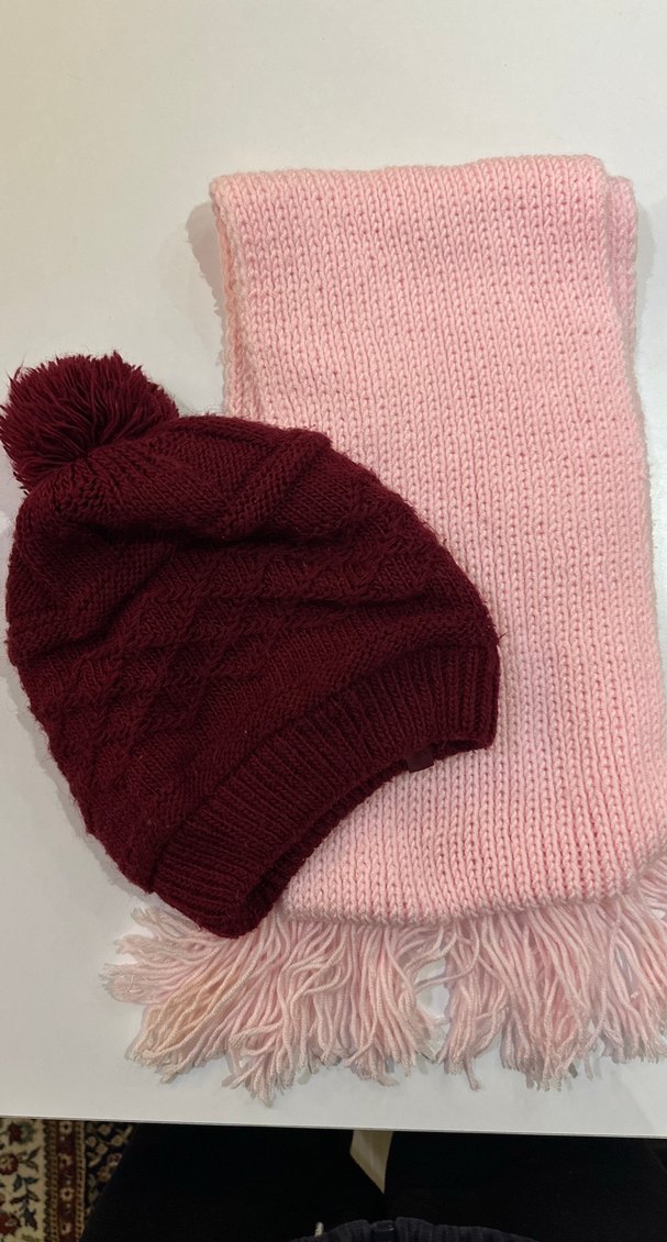 Bordo Bere ve Pembe Örgü Atkı Seti - Görsel 3