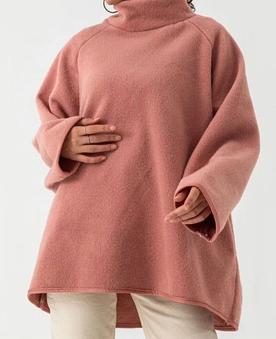 Oversize Boğazlı Pembe Kaşe Sweat