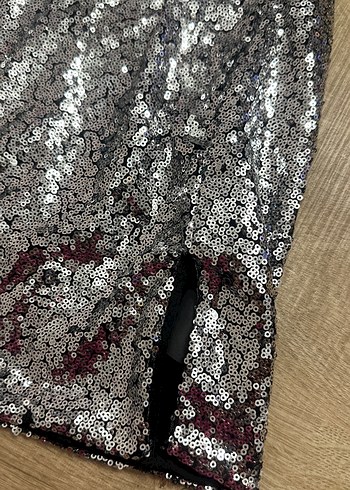 Gri İşlemeli Payetli Mini Etek crop takım - Görsel 2