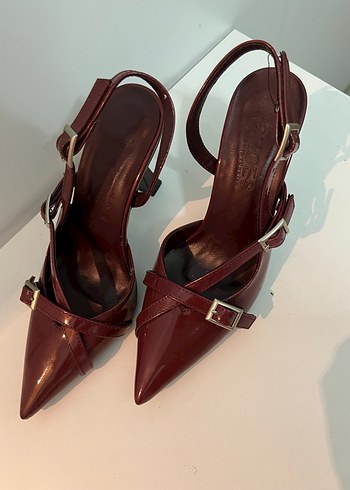 Bordo Deri Kemerli Stiletto - Görsel 2