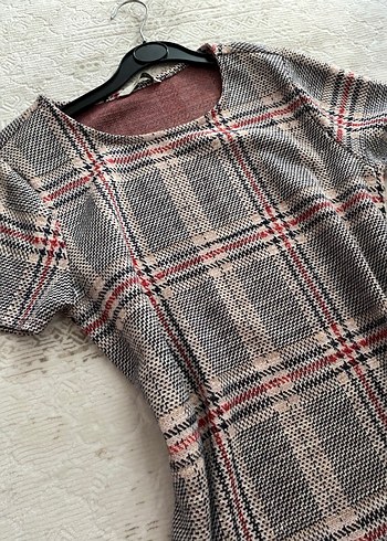 Gri Kareli Kısa Kollu Midi Elbise - Görsel 3