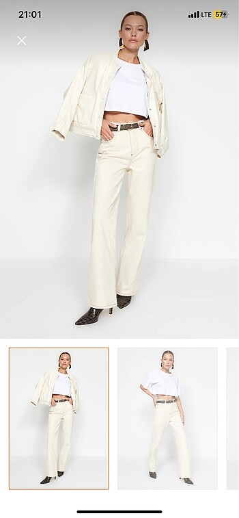 Ekru yüksek bel wide leg jeans