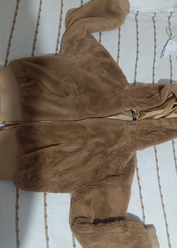 Kahverengi Kapüşonlu Kadın Peluş Ceket