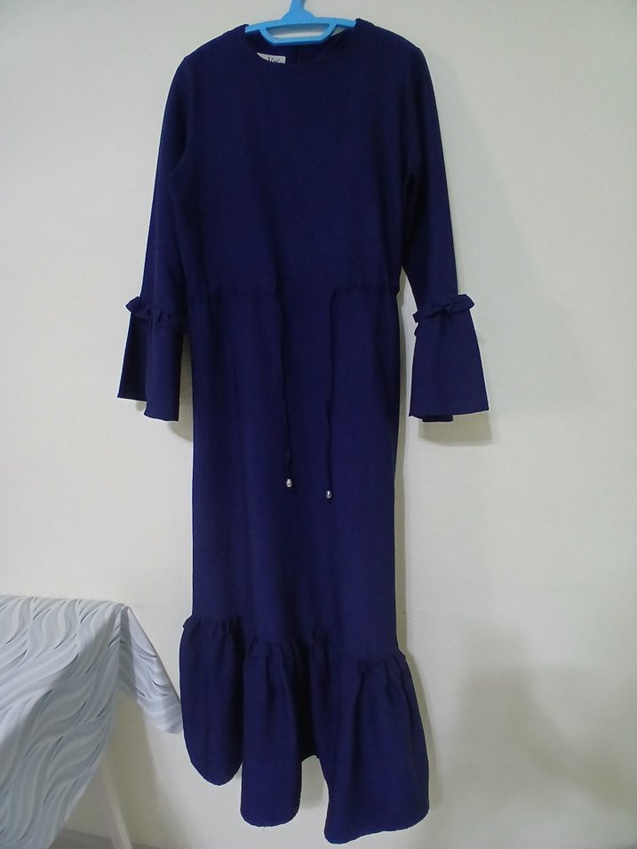 Lacivert Uzun Kollu Fırfırlı Elbise - Görsel 2