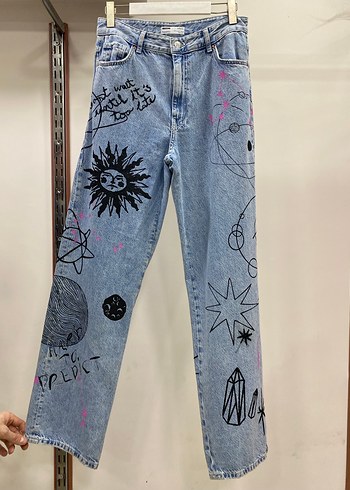 Baskılı Mavi Kadın Denim Pantolon - Görsel 2