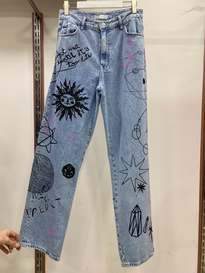 Baskılı Mavi Kadın Denim Pantolon - Görsel 2