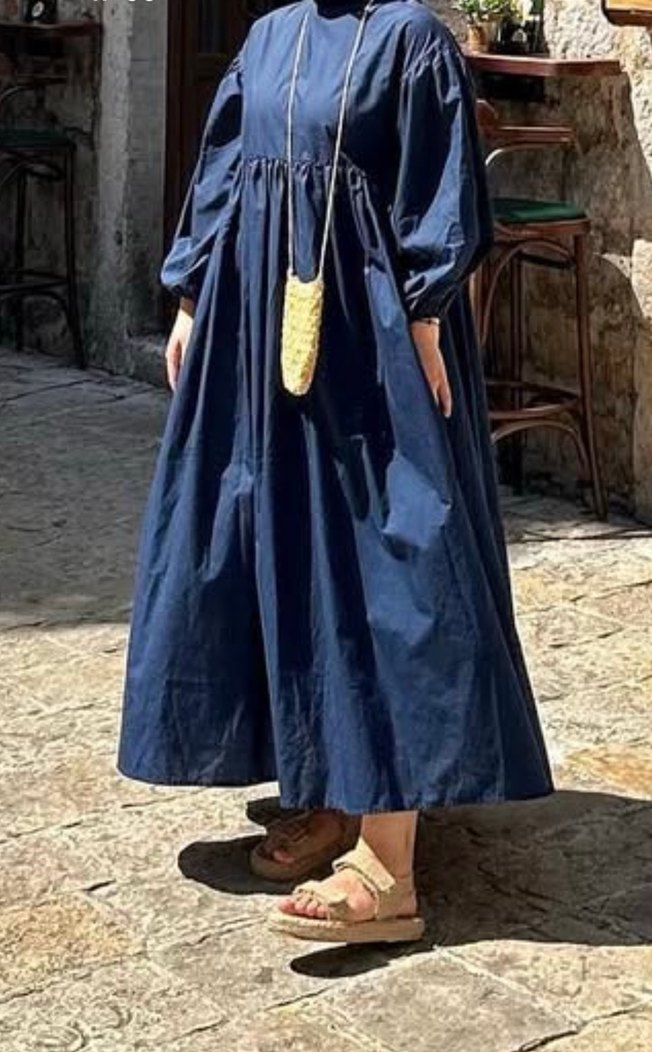 Aybike Stil Lacivert Uzun Pamuklu Elbise - Görsel 2