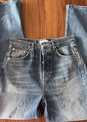 Düğmeli Loose Fit Mavi Denim Kadın Kot Pantolon