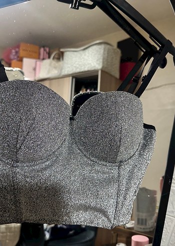 diğer Beden Gri İşlemeli Straplez Mini Büstiyer