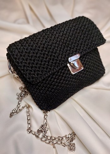 Zincir Detaylı Siyah Örgü Kadın Çanta - Görsel 2