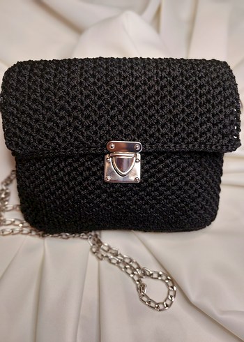 Zincir Detaylı Siyah Örgü Kadın Çanta - Görsel 6